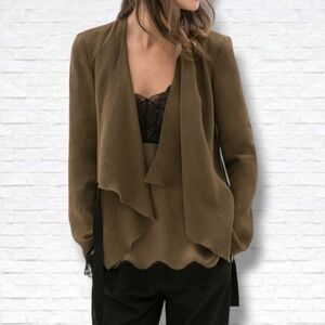 ZARA Woman Olive Green Loose Linen Jacket with Ribbon Tie Size XXS